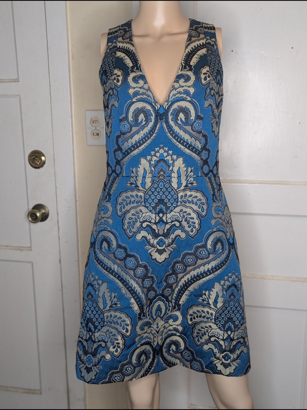 Alice + Olivia Natalee Turquoise & Gold Jacquard Racerback Mini A-Line Dress S8